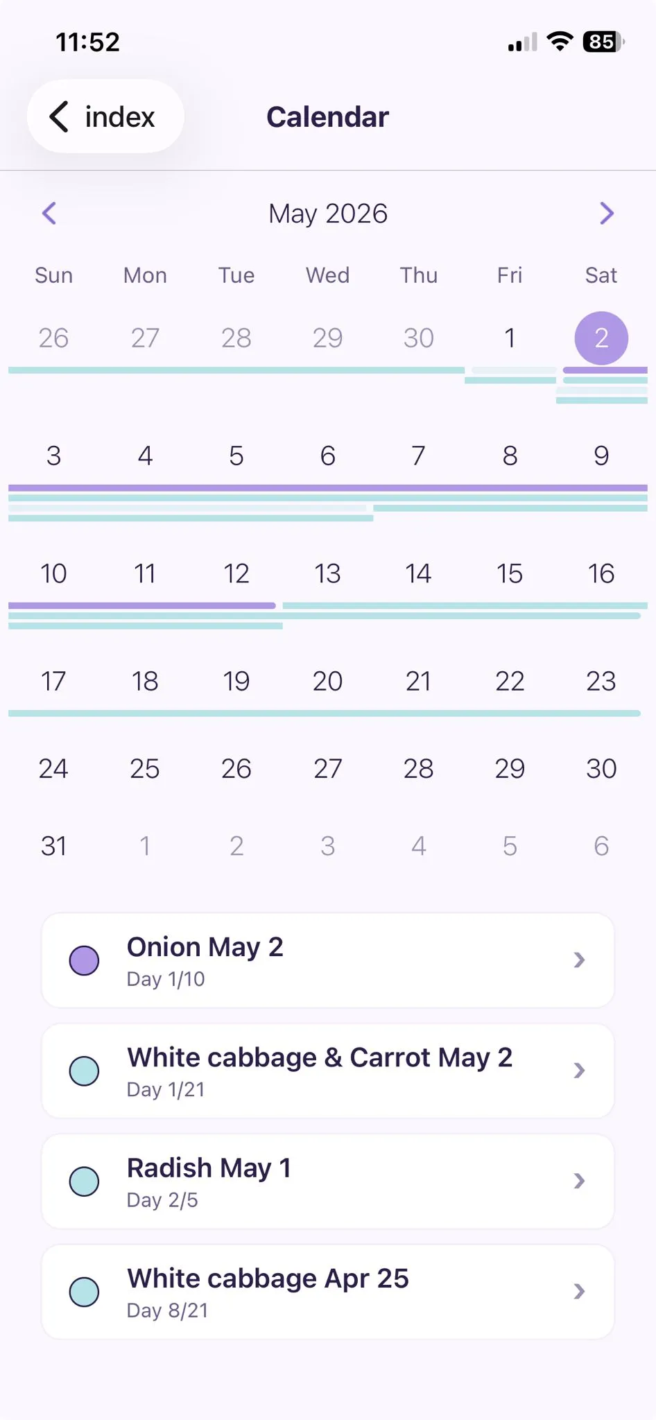 Vue calendrier avec la timeline des fermentations sur le mois.