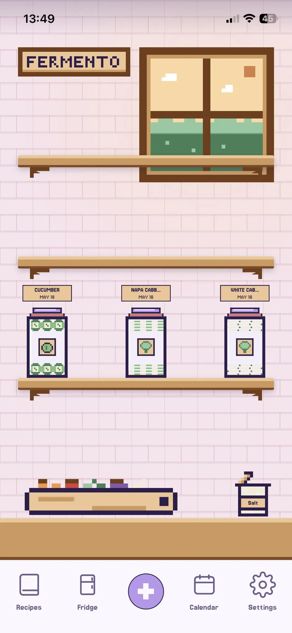Fermento home screen — a pixel-art kitchen shelf with jars in progress.