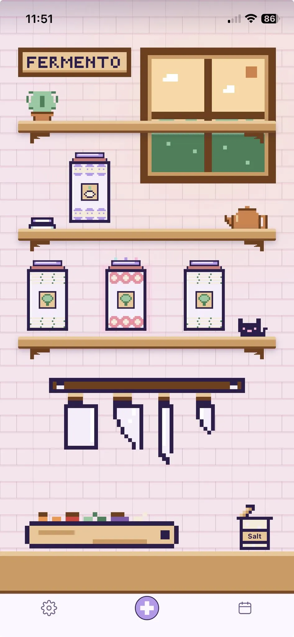 Écran d'accueil de Fermento — une étagère de cuisine en pixel-art avec des bocaux en cours.