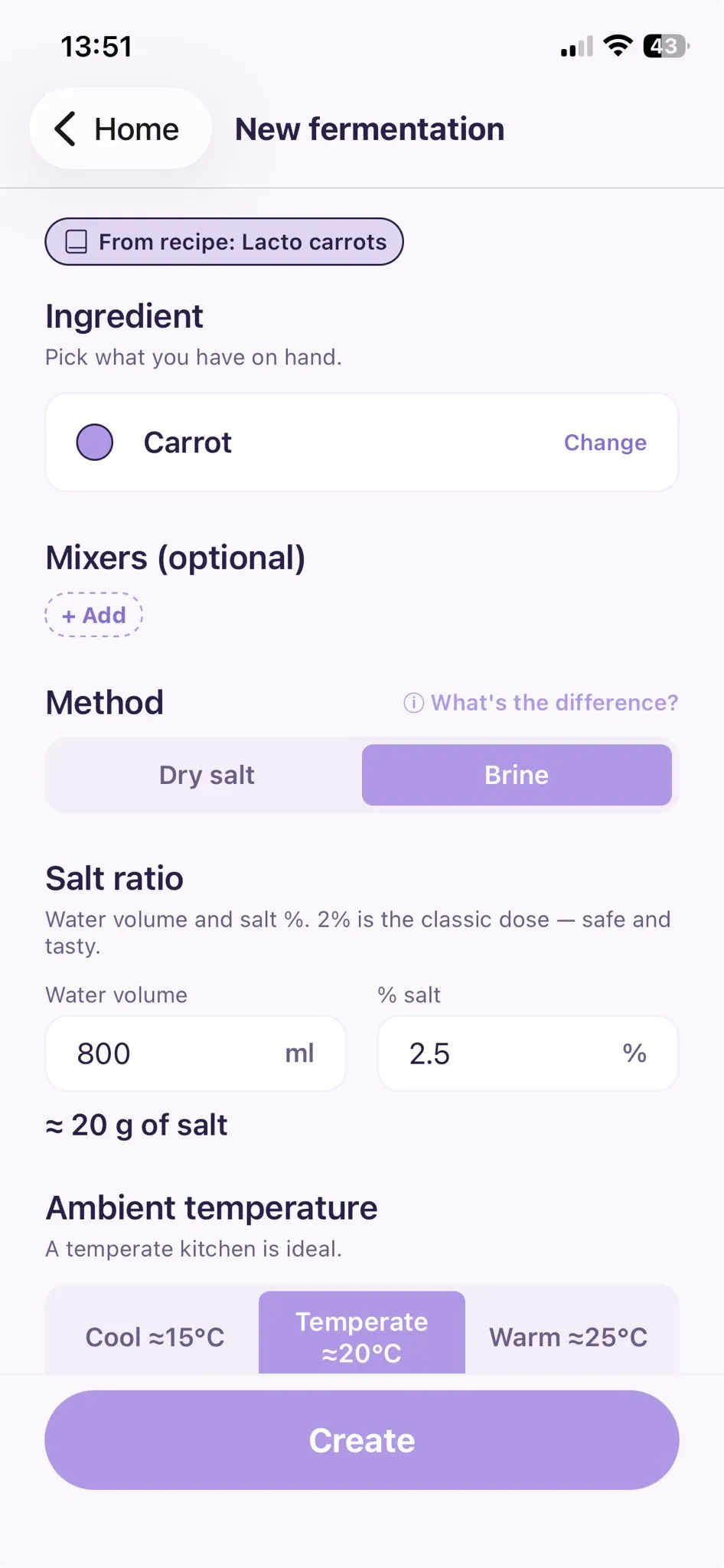 New fermentation form with ingredient, salt ratio, and ambient temperature.