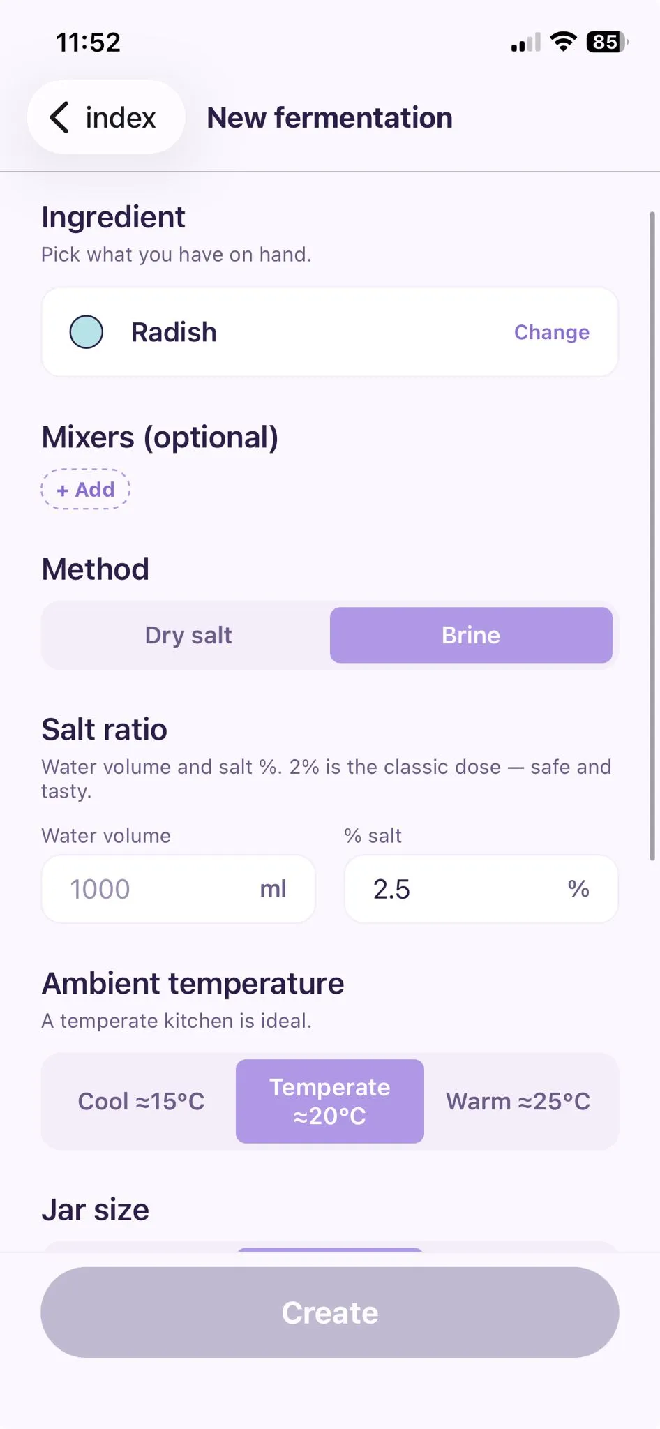 Formulaire de nouvelle fermentation avec ingrédient, ratio de sel et température ambiante.