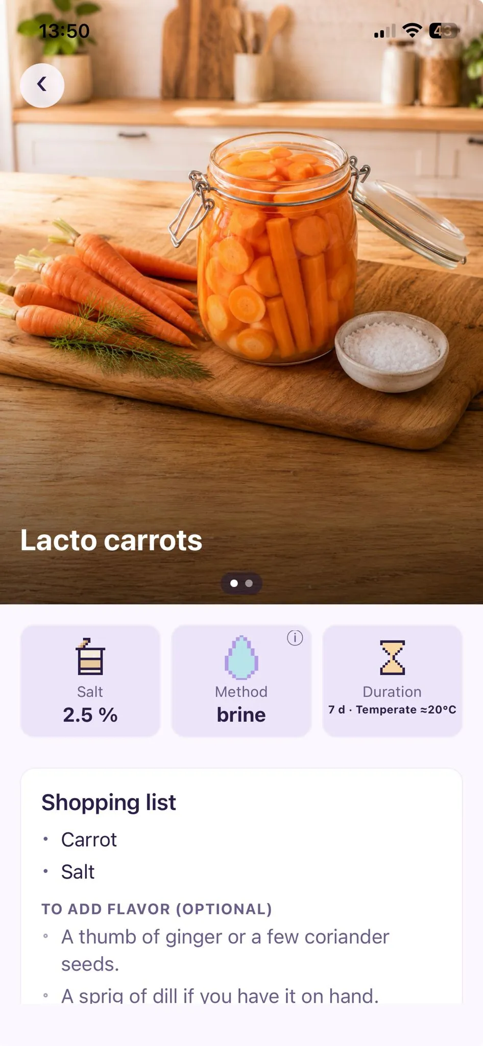 Lacto carrots recipe — salt percentage, method, and duration at a glance, with a shopping list below.