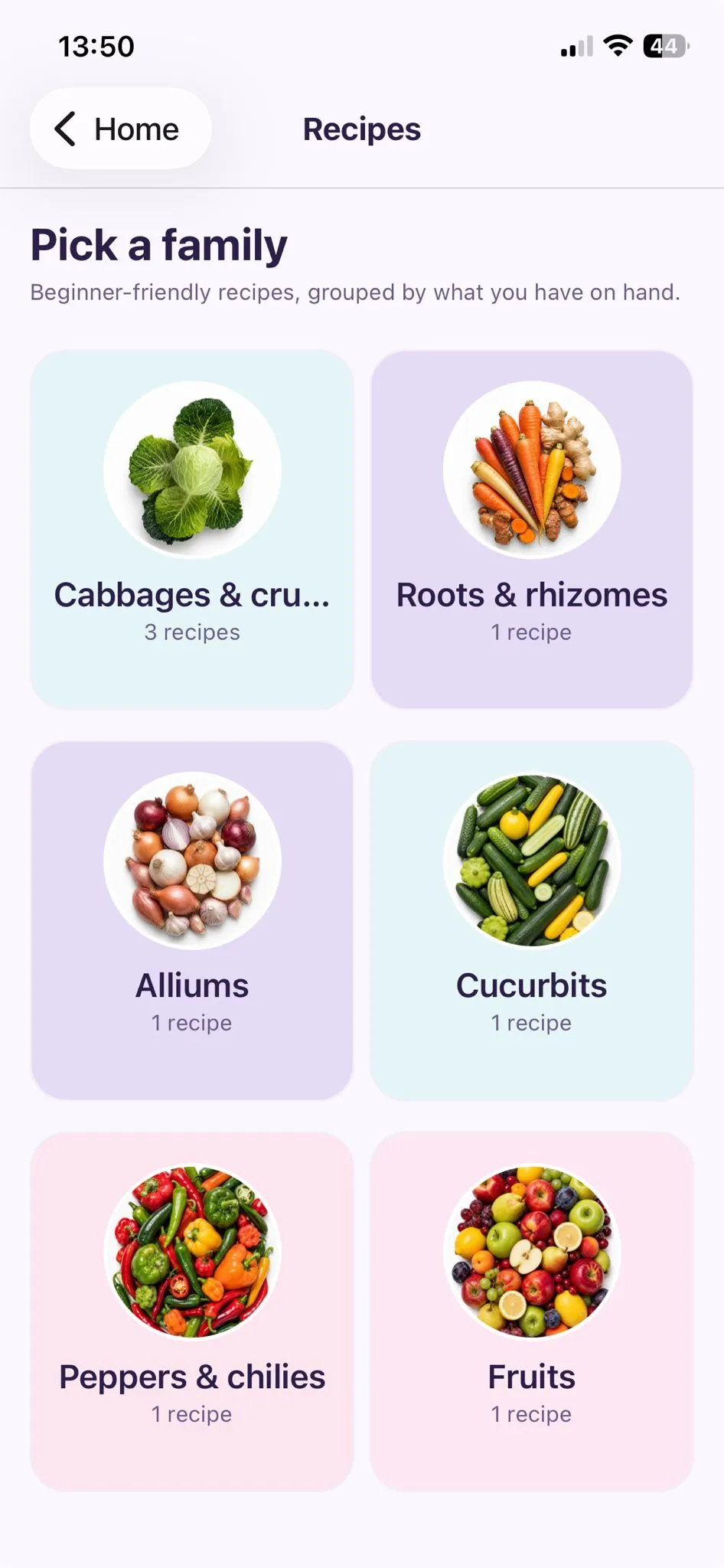 Recipe families screen — cards for cabbages, roots, alliums, cucurbits, peppers, and fruit, each with a recipe count.